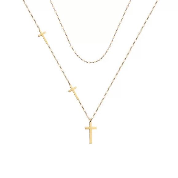 18K yellow gold plated triple cross double layer necklace jewelry B20 - Picture 2 of 6